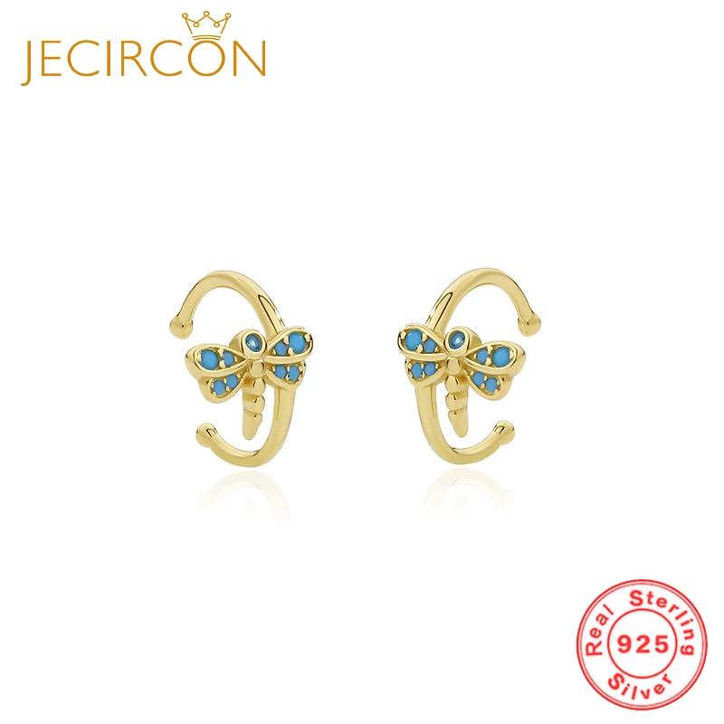 

JECIRCON 925 Sterling Silver Turquoise Dragonfly Ear Clip for Women Light Luxury No Ear Hole Micro Inlaid Zircon Earring Jewelry