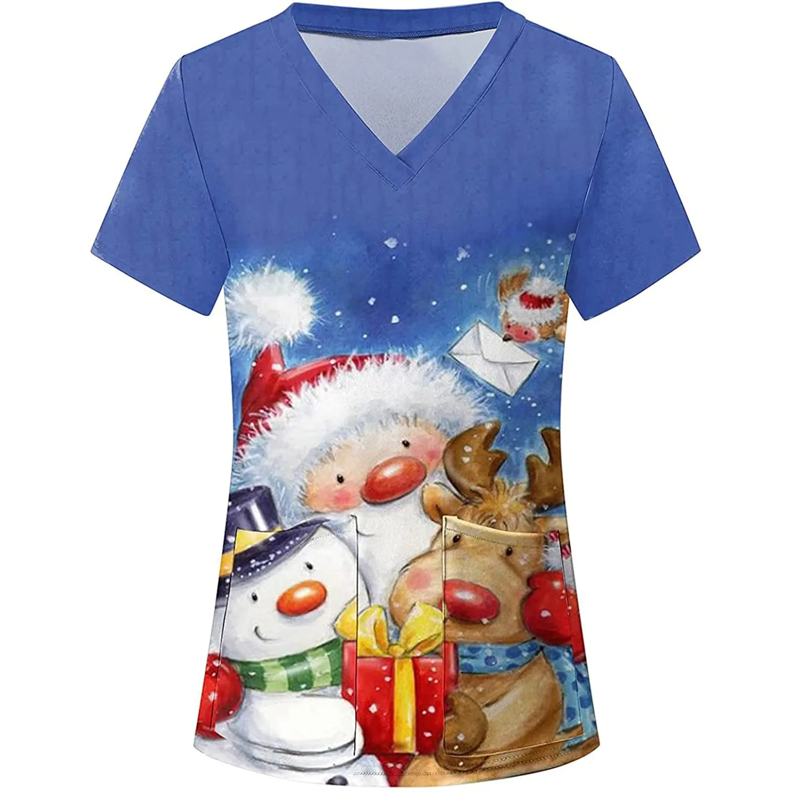 Christmas Printing T Shirt For Women Short Sleeve V-neck Tops Working Uniform Blouse With Pocket Ladies Holiday Clothes
Christmas Printing T Shirt For Women Short Sleeve V-neck Tops Working Uniform Blouse With Pocket Ladies Holiday Clothes