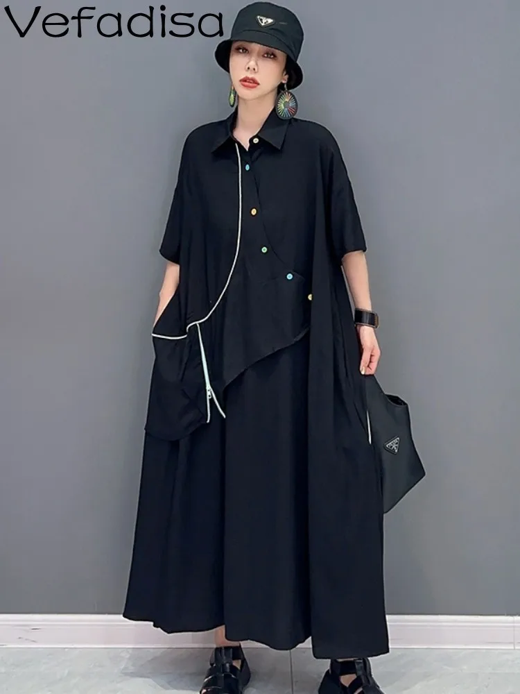 Vefadisa 2023 Summer New Korean Fake Two Piece Fashion Short Sleevle Women Dress Slim Black Long Dress ZXF184B 
Vefadisa 2023 Summer New Korean Fake Two Piece Fashion Short Sleevle Women Dress Slim Black Long Dress ZXF184B
