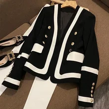 2023 Spring And Autumn Womens New Fashion European Black And White Contrast Advanced Metal Button Versatile Jacket Suit Coat
