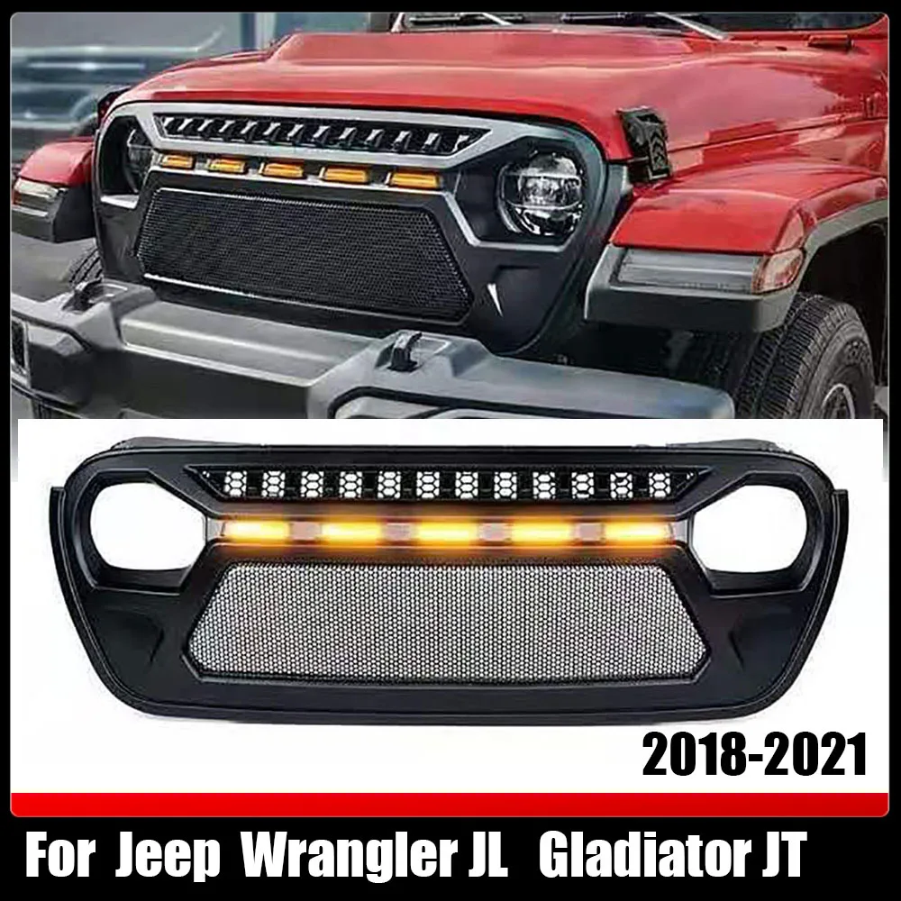 

For Jeep Wrangler JL Gladiator JT 2018-2021 Offroad Style Accessories Metal Mesh Grille With 5 Led Lights Front Bumper Grills