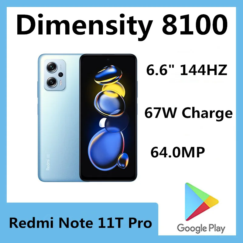 Оригинальный Xiaomi Redmi Note 11T Pro 5G Dimensity 8100 OTA 6 "ЖК-дисплей 144 Гц 5080 МП камера 67 Вт