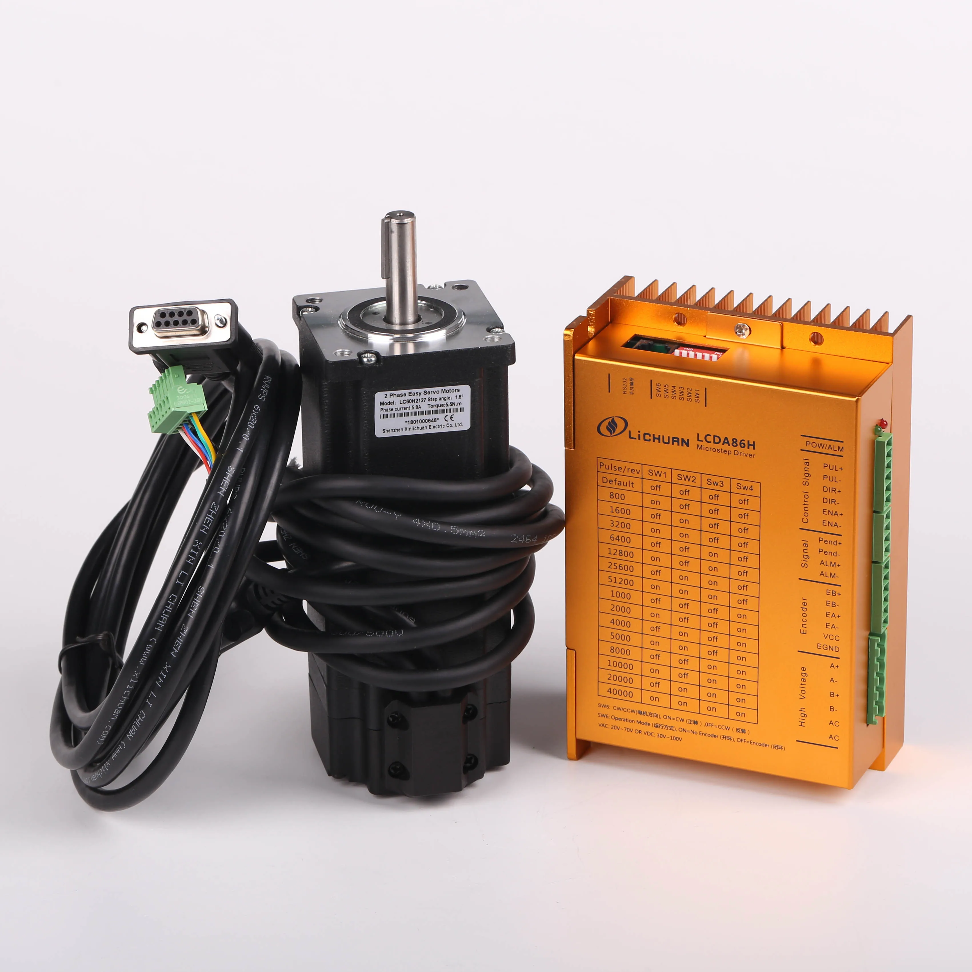 Lichuan Nema24 5.5Nm closed loop stepper motor LC60H2127 +driver LCDA86H DC48V 7A with 3M encoder cable set 1000ppr encoder
Lichuan Nema24 5.5Nm closed loop stepper motor LC60H2127 +driver LCDA86H DC48V 7A with 3M encoder cable set 1000ppr encoder