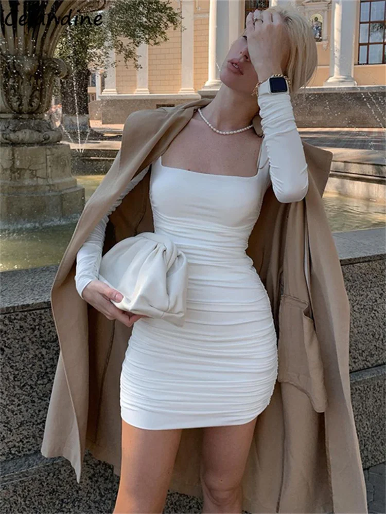 Celandine Sexy Slim Square Collar Long Sleeve Mini Dress Folds Buttocks Skirt Autumn Basic Women Elegant Solid Party Dresses
Celandine Sexy Slim Square Collar Long Sleeve Mini Dress Folds Buttocks Skirt Autumn Basic Women Elegant Solid Party Dresses