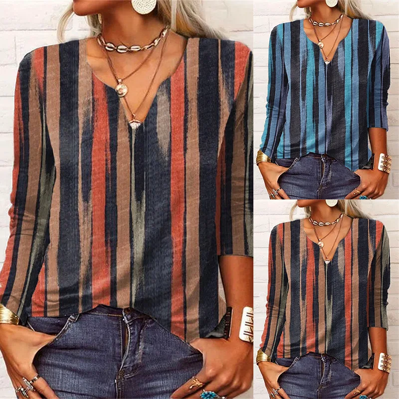 2022 Autumn and Winter Loose Casual Women's V Neck Long Sleeve Bottoming Shirt Stripe Print Elegant Vintage Pullover Tee T-shirt
2022 Autumn and Winter Loose Casual Women's V Neck Long Sleeve Bottoming Shirt Stripe Print Elegant Vintage Pullover Tee T-shirt