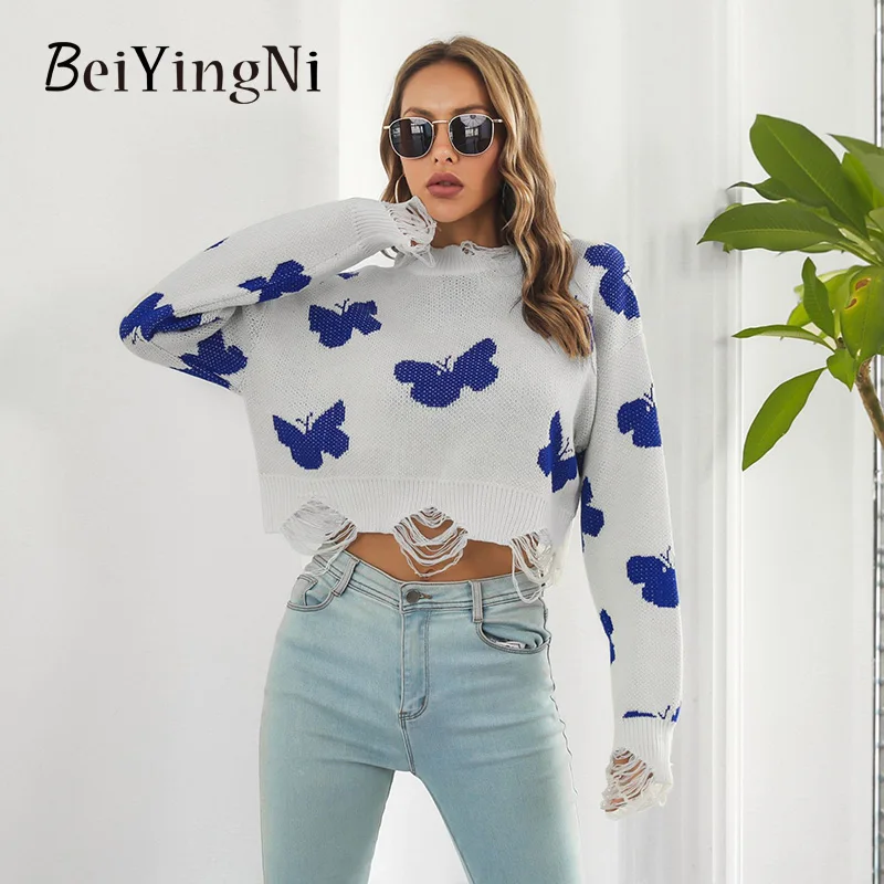 Beiyingni Fashion Women Sweater O-neck Long Sleeve Bufferfly Bufferfly Hole Short Pullover Femme Elegant Loose Knitting Jumper
Beiyingni Fashion Women Sweater O-neck Long Sleeve Bufferfly Bufferfly Hole Short Pullover Femme Elegant Loose Knitting Jumper
