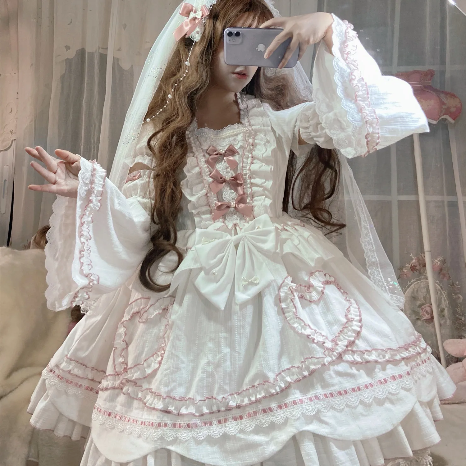 

Original Lolita Jacquard Cotton Pearl Stitching Sleeve Wedding Dress Sweet Cute Girl Bow Short Sleeve High Waist Op Dress