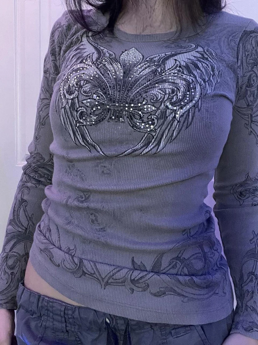 Women s Long Sleeve Tops Gothic Vintage Wings Print Rhinestones Spring Fall Shirts Casual Slim Pullover for Club Streetwear
Women s Long Sleeve Tops Gothic Vintage Wings Print Rhinestones Spring Fall Shirts Casual Slim Pullover for Club Streetwear