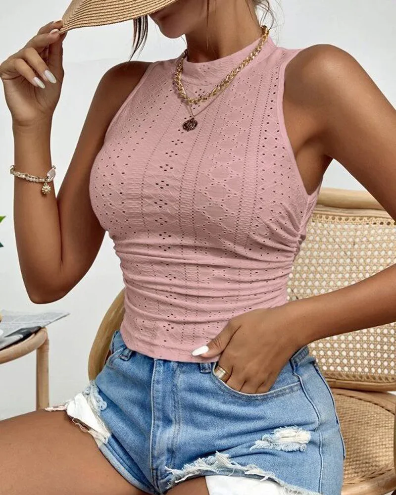 

Eyelet Embroidery Textured Ruched Tank Top Chic Fashion Summer Daily High Style Sexy Mock Neck Sleeveless Form-fitting