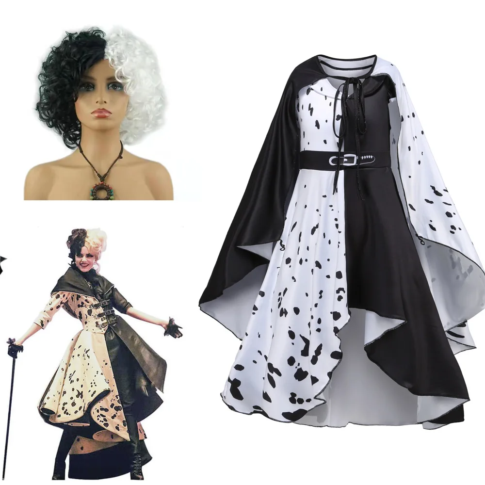

Косплей-костюм Cruella De Vil на Хэллоуин, черно-белое платье в горошек, платье горничной, маскарадный костюм для вечеринки, комплект для Хэллоуина для женщин