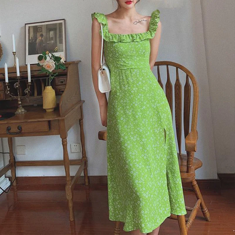 

Облегающее шифоновое платье без рукавов, цветочный рисунок, оборки, квадратный вырез, привлекательное асимметричное тонкое платье-комбинация, летняя одежда