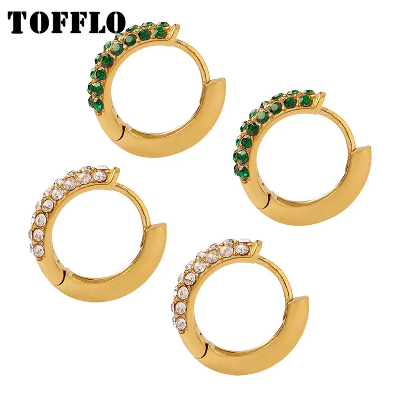 

TOFFLO Stainless Steel Jewelry White Green Zircon Plain Ring Earrings Plated With 18K Gold Women's Simple Earrings BSF170