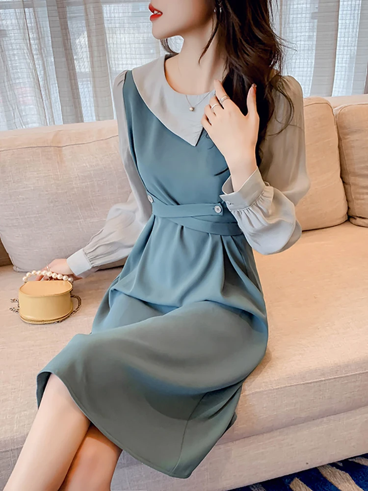 2022 Blue Patchwork Long Sleeve Midi Dress Women Fashion Chic Office Lady Dress Autumn Korean Elegant Bodycon Party Night Dress
2022 Blue Patchwork Long Sleeve Midi Dress Women Fashion Chic Office Lady Dress Autumn Korean Elegant Bodycon Party Night Dress