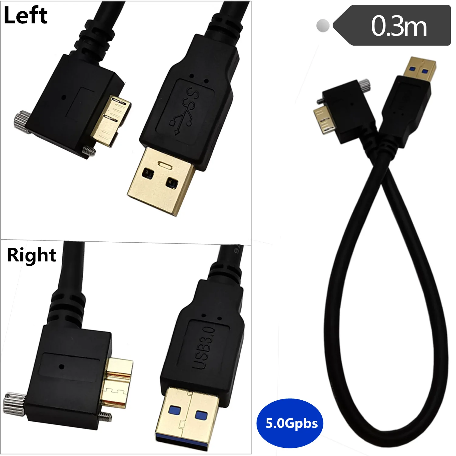 

USB 3.0 A Male to Micro B Male 90° Angle with optional Screw Locking Cable 0.3m 1m 1.8m 3m