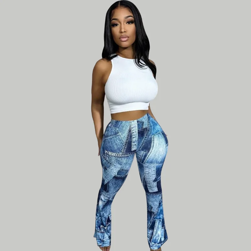 

WUHE 3D Fake Jean Printed Side Slit Wide Leg Flare Pants 2023 Summer Women Street Fashion Straight Trousers