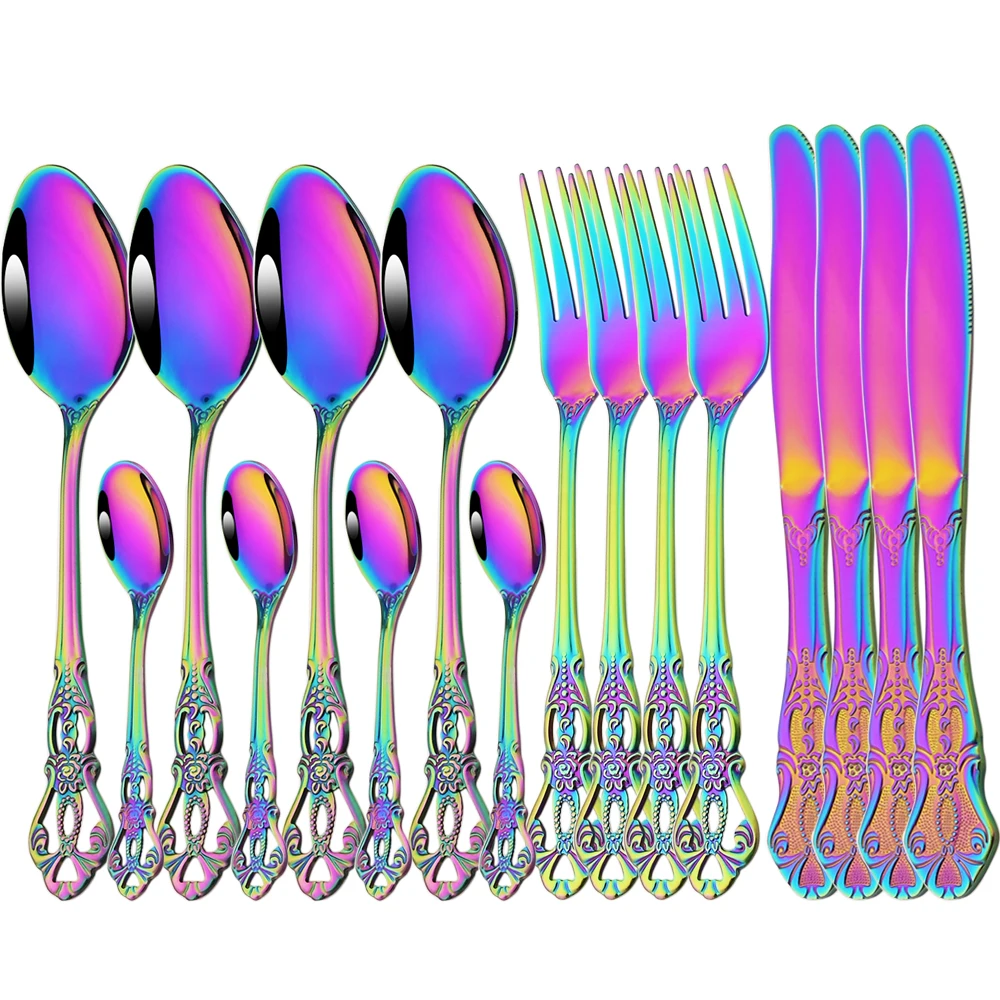 

Drmfiy Stainless Steel Flatware Western Vintage 16pcs Dinnerware Set Royal Rainbow Knife Fork Tea Spoon Cutlery Tableware Set