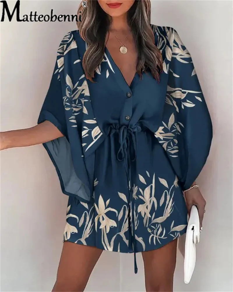 

Fashion Bat Short Sleeve ​Dresses 2022 Women Commuter Beach Vacation Mini Dress Summer Office Ladies Elegant V Neck Print Dress