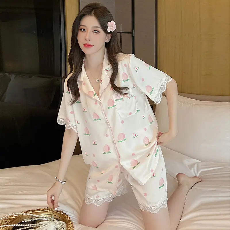 

Summer Women Silk Stain Pajamas Set Sweet Lace Trim 2 Pcs Home Suits Short Sleeves Pants Peach Print Teen Girls Loungewear 2XL
