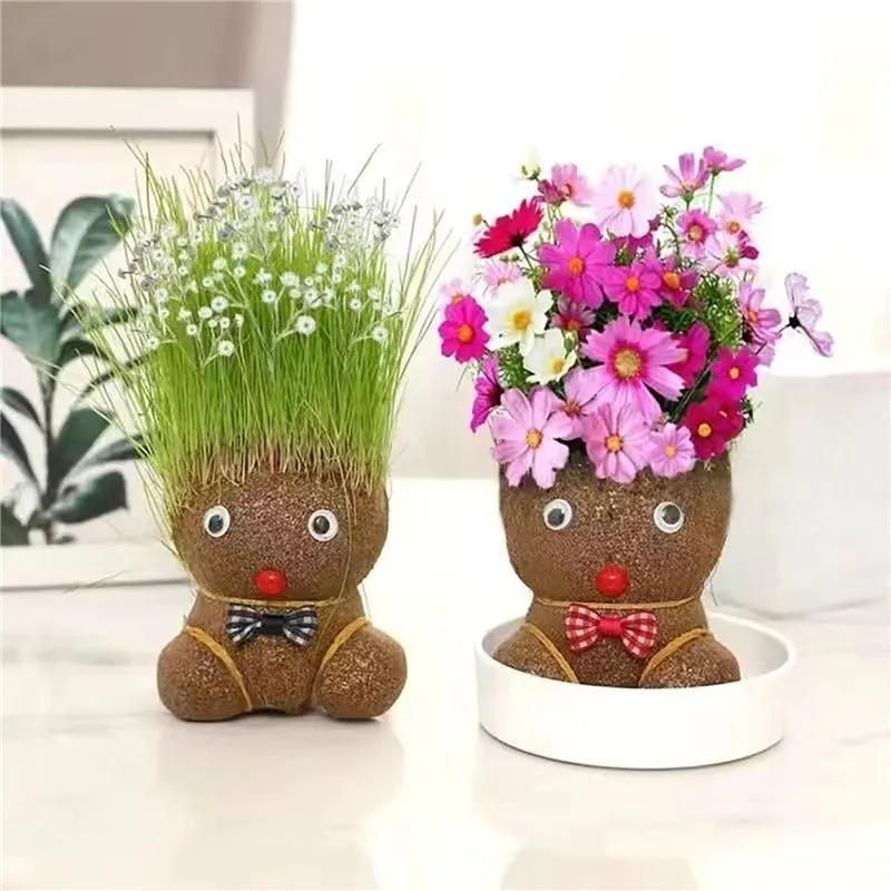 

Mini Grass Head Doll Small Potted Plant Home Decor Watering Green Plants Beautiful Children Gifts Indoor Balcony Pot Planters