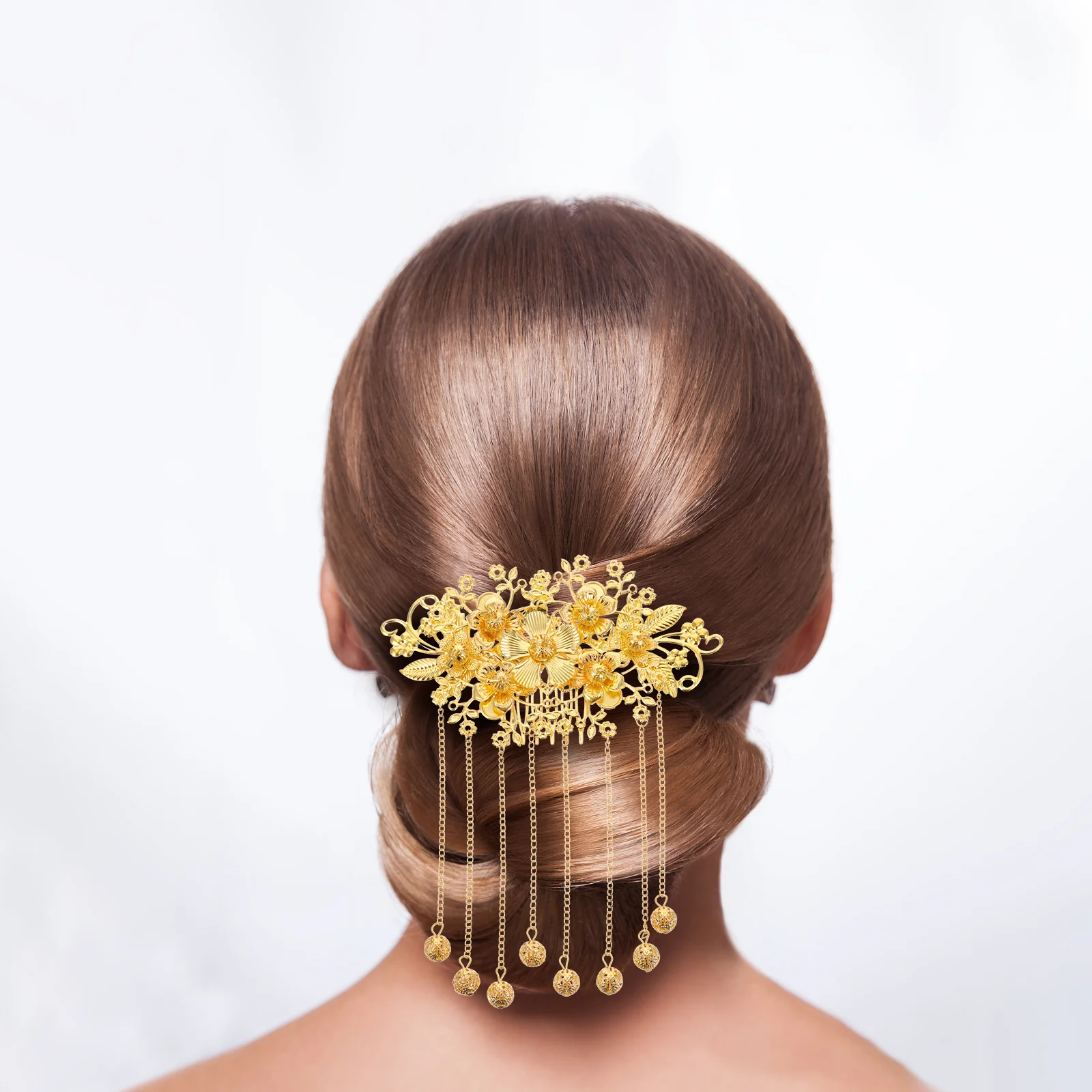 

Floral Hair Comb Accessories Hairpin Chinese Headdress Tassel 16X13cm Flower Crystal Pearl Hairpins Golden Alloy Miss