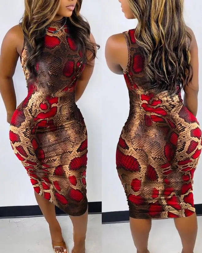 

Fashion Women Bodycon Dress Snakeskin Print Sleeveless Ruched Design 2023 Summer High Waist Midi Skinny Casual Dresses