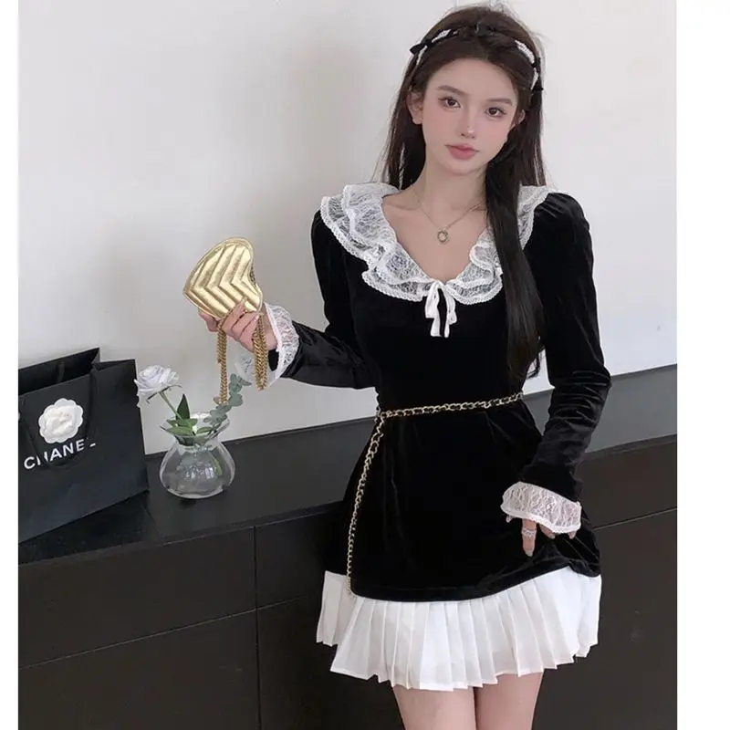 Женское кружевное платье с длинным рукавом, черное винтажное платье с длинным рукавом и кукольным воротником, Осень-зима 2022
Женское кружевное платье с длинным рукавом, черное винтажное платье с длинным рукавом и кукольным воротником, Осень-зима 2022