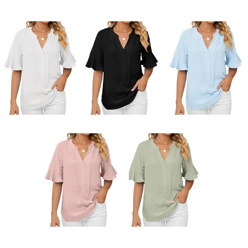 

Womens Summer Flared Ruffle Half Sleeve T-Shirts Split V-Neck Solid Color Casual Loose Fit Curved Hem Blouses Tunic Tops