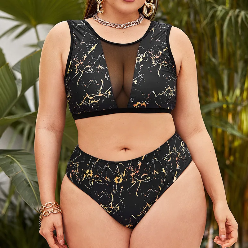 

2022Amazon European and American Foreign Trade New Large Size Swimsuit Lady Sexy Printed plus-Sized Bikini Split Swimsuit