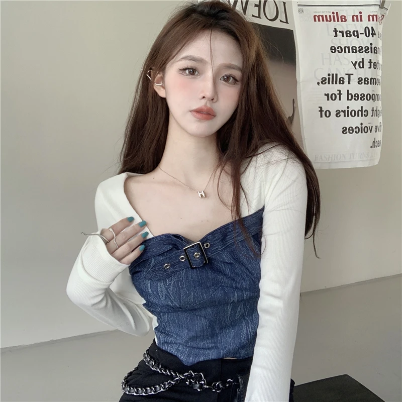 Y2k Tshirts for Women Patchwork Fake Two Fashion Cropped Tops Square Collar Slim Fit Long Sleeve Tees Korean Sexy Woman T Shirts
Y2k Tshirts for Women Patchwork Fake Two Fashion Cropped Tops Square Collar Slim Fit Long Sleeve Tees Korean Sexy Woman T Shirts