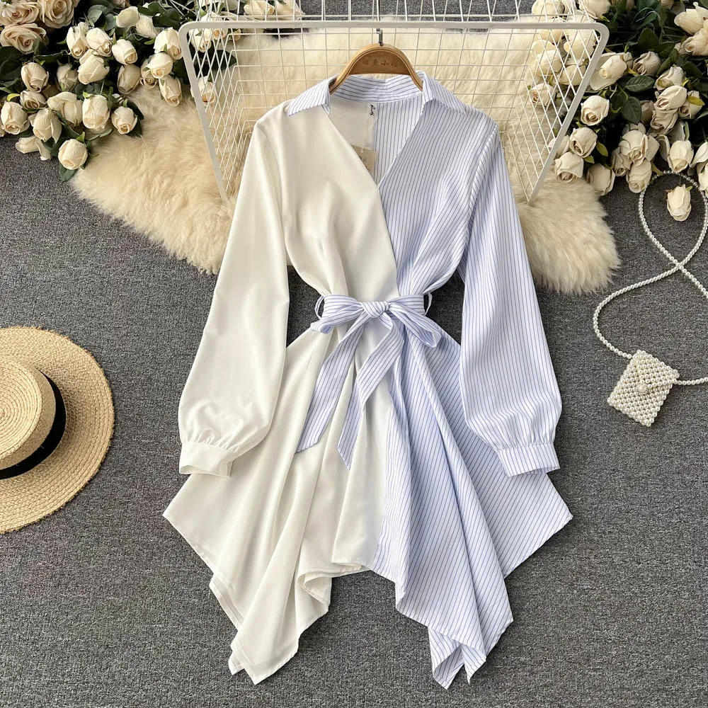 Women Korean version of irregular color matching stripes lapel tie-up mid-length temperament shirt dress vesitidos female D0589
Women Korean version of irregular color matching stripes lapel tie-up mid-length temperament shirt dress vesitidos female D0589