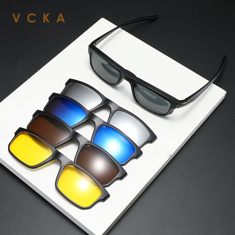 

Солнцезащитные очки VCKA с магнитной клипсой для мужчин и женщин, зеркальные Спортивные солнечные очки с квадратными 5 линзами для близорукости, очки для вождения с функцией ночного видения,-1,0 ~-6,0