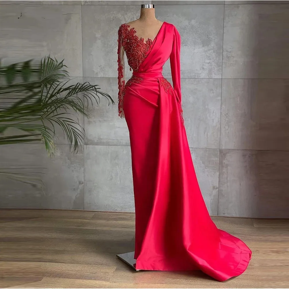 

GUXQD Elegant Red Satin Dubai Evening Dresses Long Sleeves Sheer Neck Beads Party Prom Gowns Celebrity Formal Dress Abendkleider