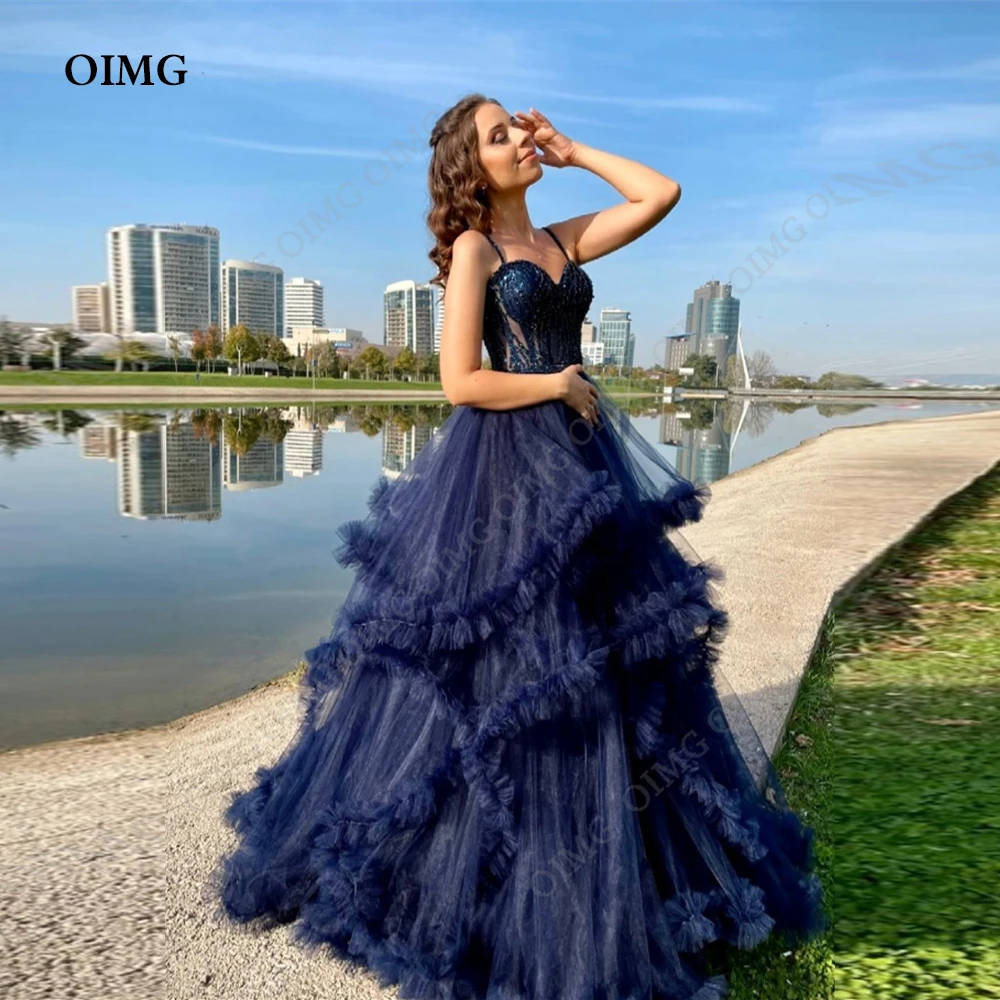 OIMG Темно-Синие Блестящие тюлевые платья для Quinceanera 2024 длинное бальное платье на