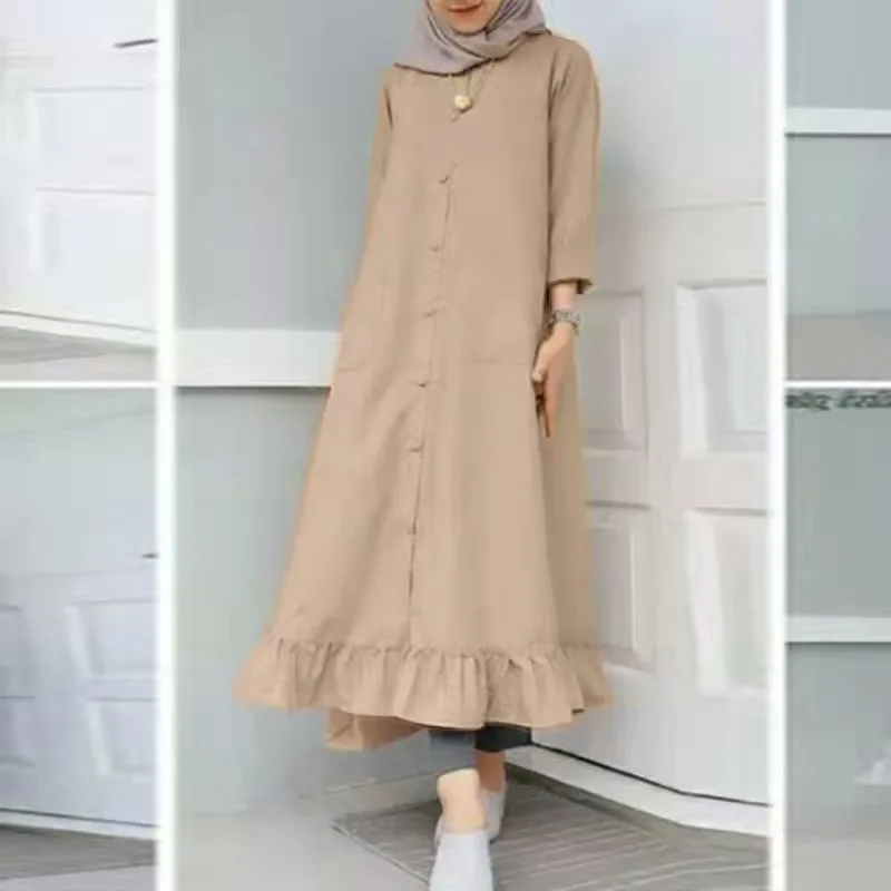 

Middle East Muslim Solid Color round Neck Button Access Control Southeast Asia New Ruffled Hem Long Dress Robe