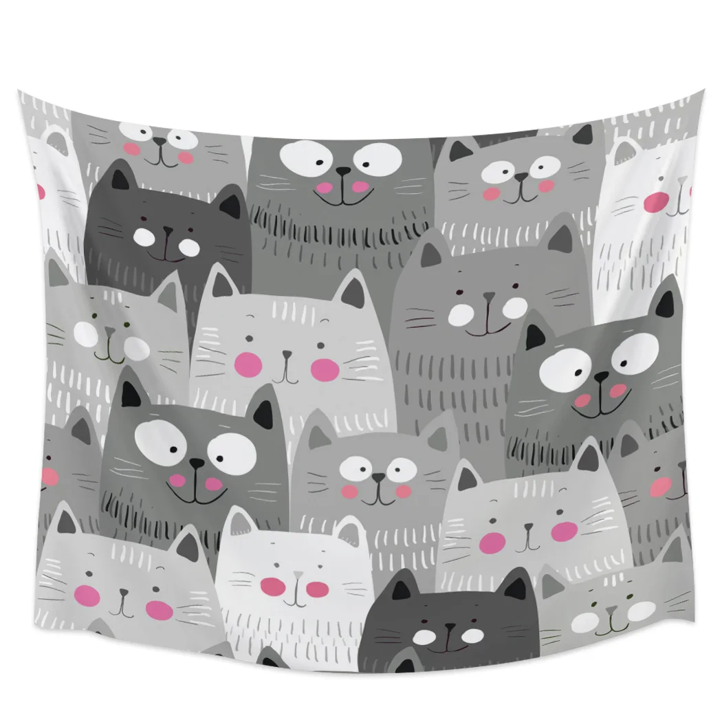 

Cartoon Grey Cat Blackout Curtains Table Runner Bathroom Set Blanket Tapestry