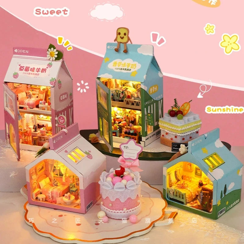

DIY Wooden Dollhouse Mini Milk Box Cabin Doll Houses Miniature With Furniture Kit Assemble Toys Children Girl Birthday Gift Casa