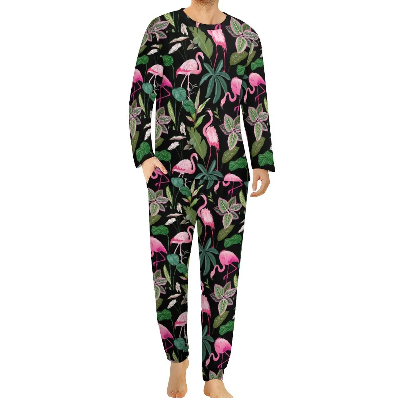 

Tropical Birds Pajamas Man Pink Flamingo Print Warm Nightwear Autumn Long Sleeve 2 Piece Casual Graphic Pajama Sets Big Size 5XL