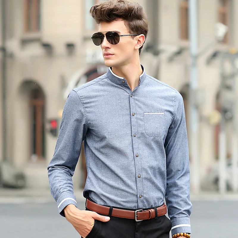 

Рубашка мужская с воротником-стойкой, модная сорочка Slim Fit в повседневном и деловом стиле, роскошная классическая сорочка оверсайз с длинным рукавом, осень