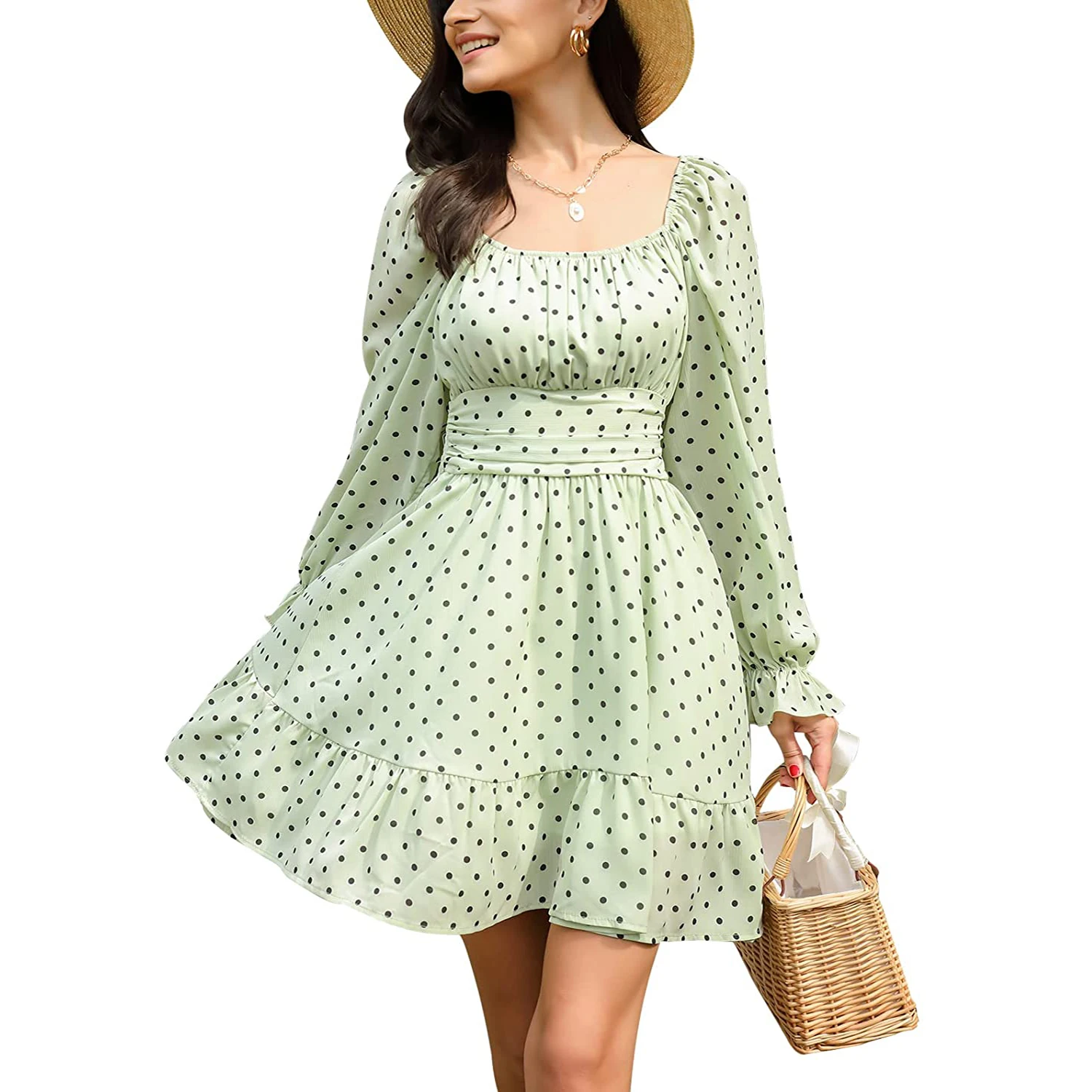 Women Tie Back Long Lantern Sleeve Square Neck Ruffle Dress Elastic Waist Aline Casual Mini
Women Tie Back Long Lantern Sleeve Square Neck Ruffle Dress Elastic Waist Aline Casual Mini