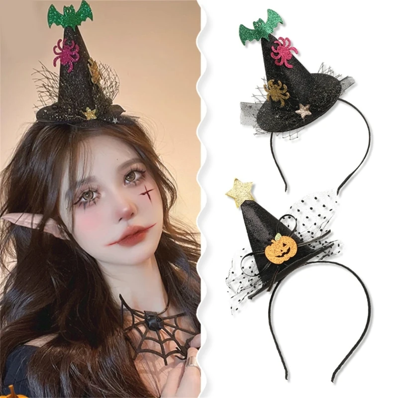 

Halloween Headdress Star Witch Hat Headband Pumpkin Hair Hoop with Mesh Strong Hold Hairpin for Girls Boys