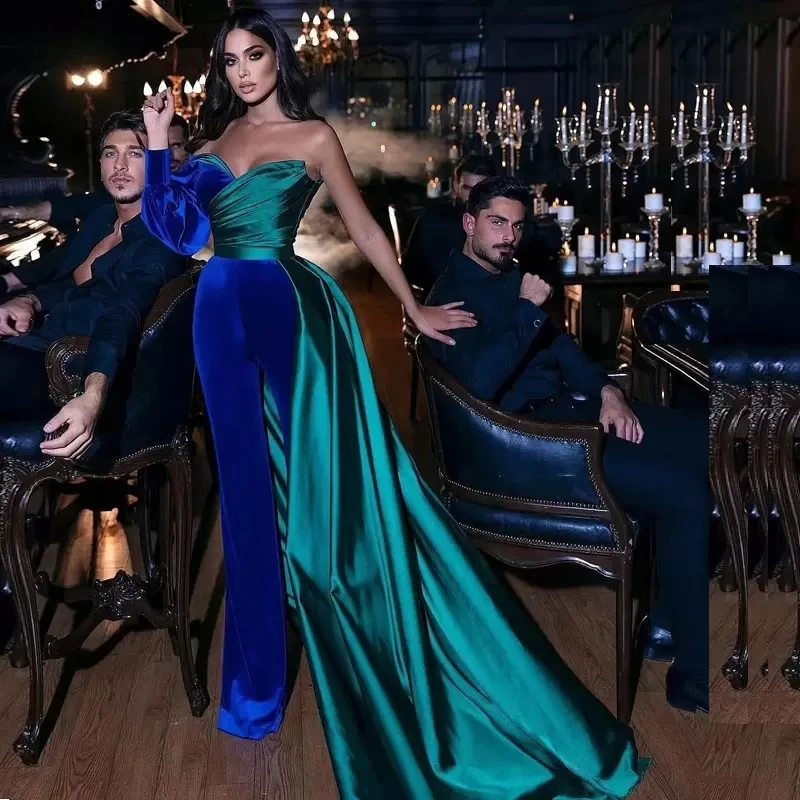 Newest Fashion Jumpsuit Evening Dresses Sweetheart Long Sleeve Prom Gown Blue & Green Satin Velvet Patchwork Robe De Mariée
Newest Fashion Jumpsuit Evening Dresses Sweetheart Long Sleeve Prom Gown Blue & Green Satin Velvet Patchwork Robe De Mariée