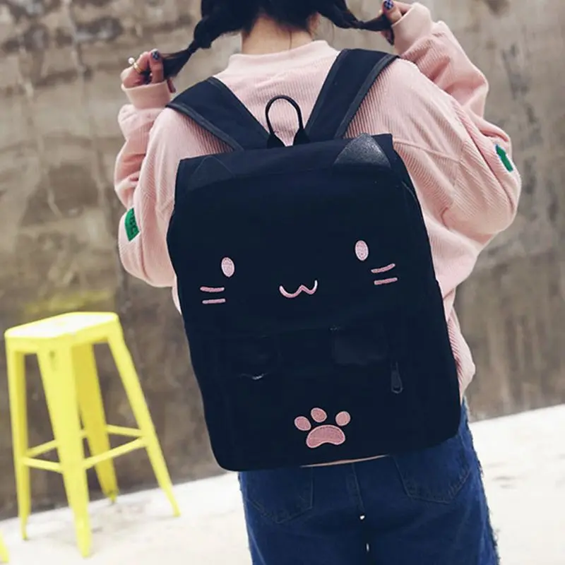 fashion Cute Cat Embroidery Canvas Student bag Cartoons Women Backpack Leisure School bag black&pink 
fashion Cute Cat Embroidery Canvas Student bag Cartoons Women Backpack Leisure School bag black&pink