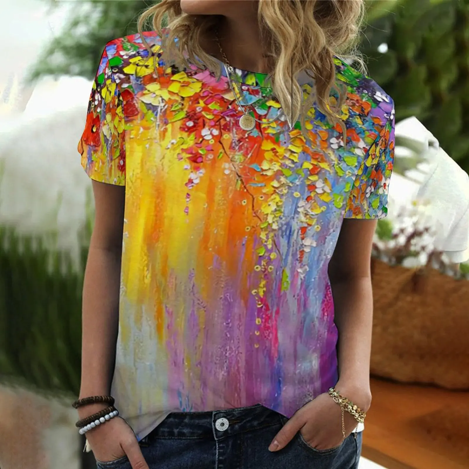 2022 foreign trade summer new oil painting flowers and plants printing round neck short-sleeved T-shirt top women
2022 foreign trade summer new oil painting flowers and plants printing round neck short-sleeved T-shirt top women