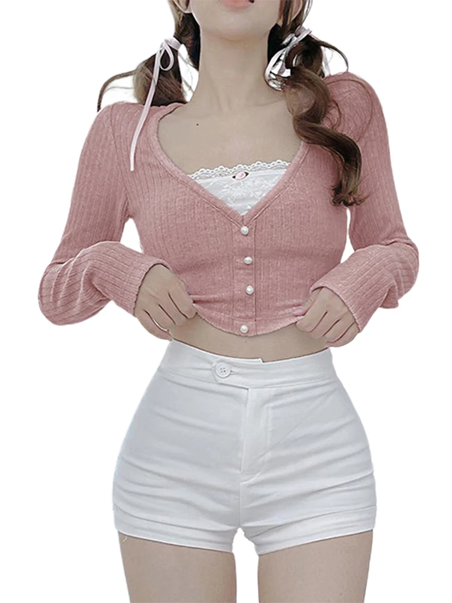 Женский укороченный топ в рубчик, модная Облегающая рубашка контрастных цветов с длинным рукавом, кружевной лоскутный топ с V-образным вырезом и жемчугом 
Женский укороченный топ в рубчик, модная Облегающая рубашка контрастных цветов с длинным рукавом, кружевной лоскутный топ с V-образным вырезом и жемчугом