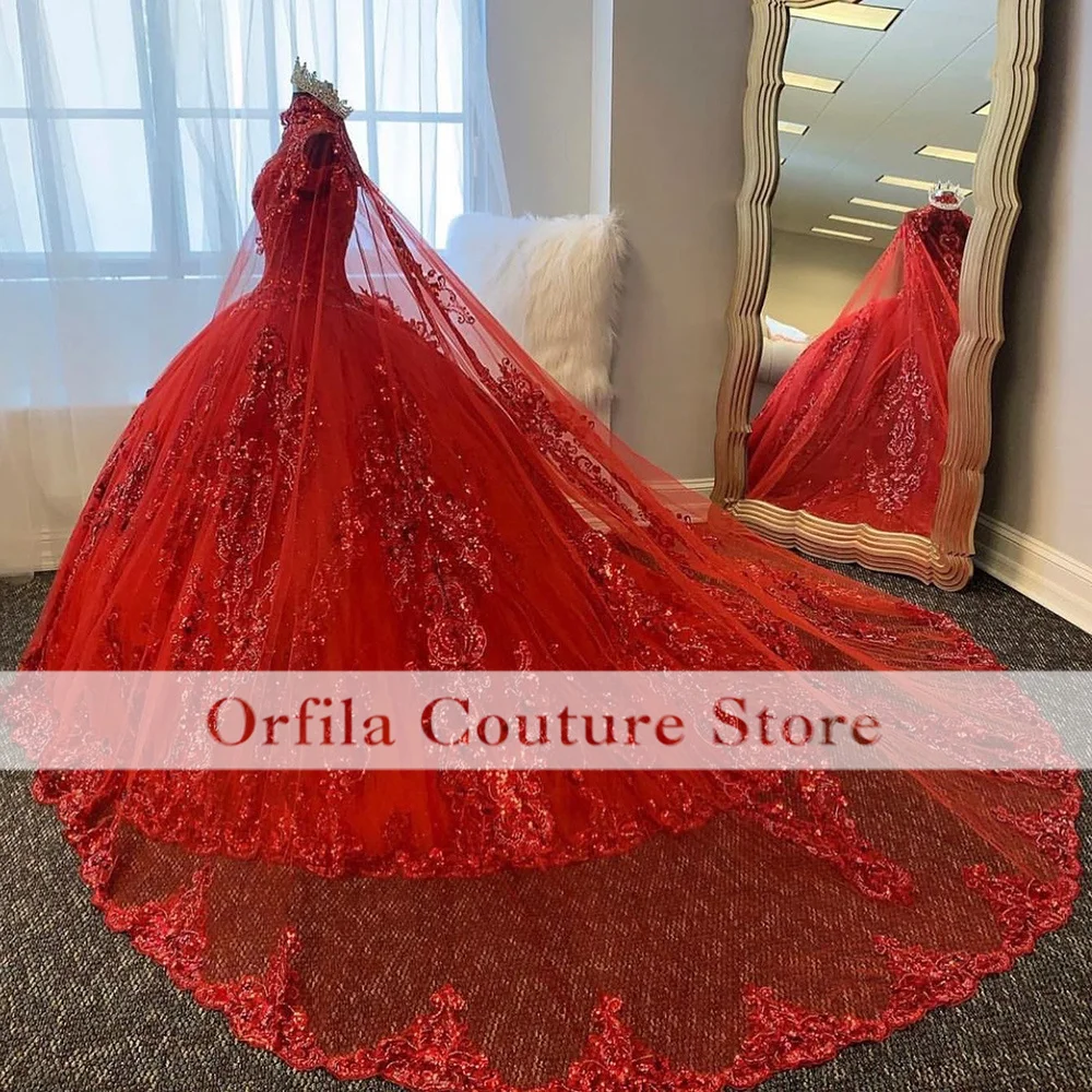 

Orfila Red Princess Quinceanera Dresses With Cape Sequin Applique Volume vestidos de 15 años Green Pageant Dress