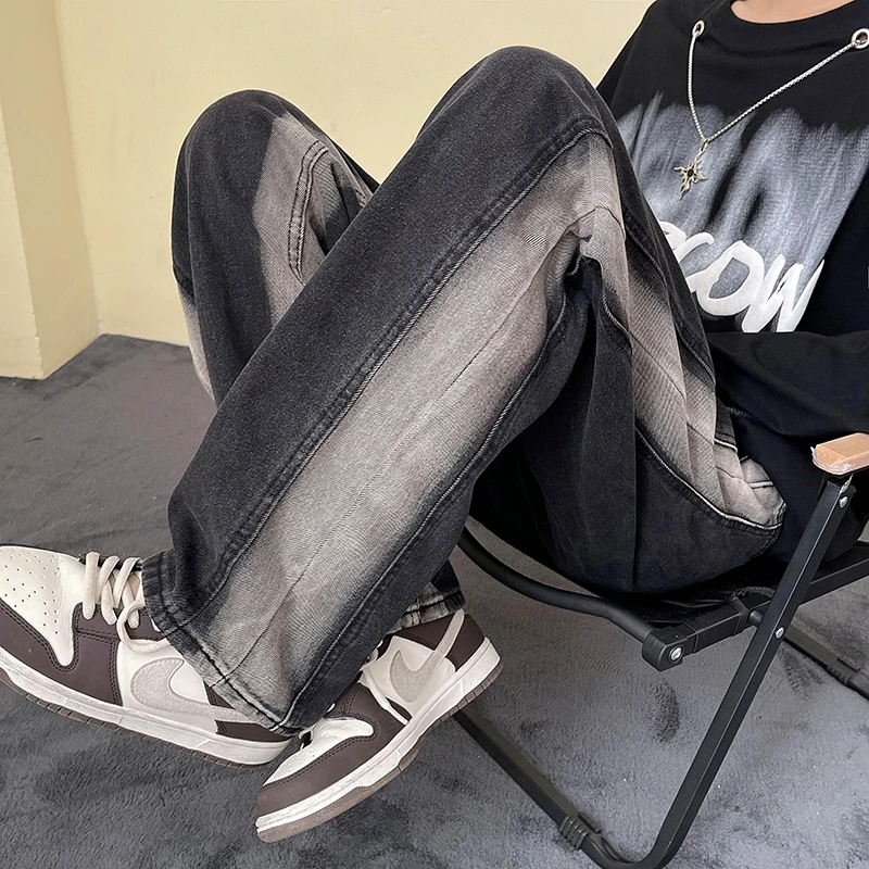

Прямые мужские брюки в стиле хип-хоп, корейские мешковатые цветные джинсовые Свободные повседневные брюки Khak, широкие модные джинсы с градиентом, уличная одежда в стиле ретро
