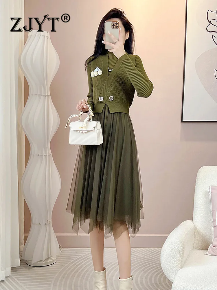 ZJYT Fashion Autumn Winter Knitted Sweater Dress Women Elegant Long Sleeve Mesh Patchwork Midi Casual Vestidos Basics Robes
ZJYT Fashion Autumn Winter Knitted Sweater Dress Women Elegant Long Sleeve Mesh Patchwork Midi Casual Vestidos Basics Robes