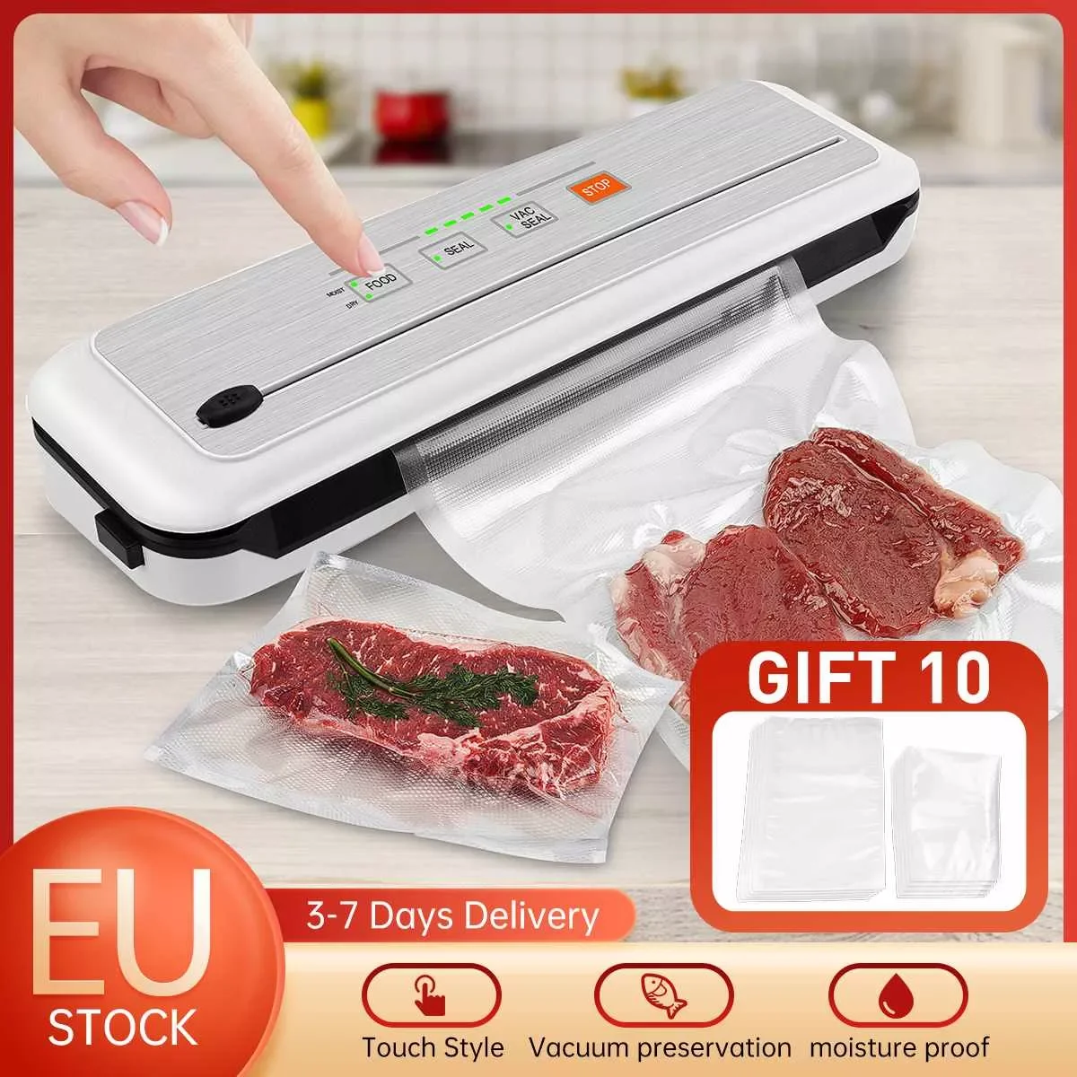 Food Vacuum Sealer Machine Touch Screen Automatic Commercial Household Food Vacuum Sealer Packaging Machine with 10Pcs Bags EU
Food Vacuum Sealer Machine Touch Screen Automatic Commercial Household Food Vacuum Sealer Packaging Machine with 10Pcs Bags EU