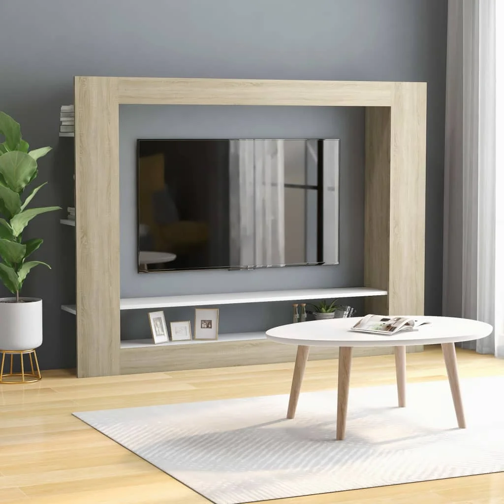 TV Media Console Television Entertainment Stands Shelf White and Sonoma Oak 59.8"x8.7"x44.5" Chipboard
TV Media Console Television Entertainment Stands Shelf White and Sonoma Oak 59.8"x8.7"x44.5" Chipboard