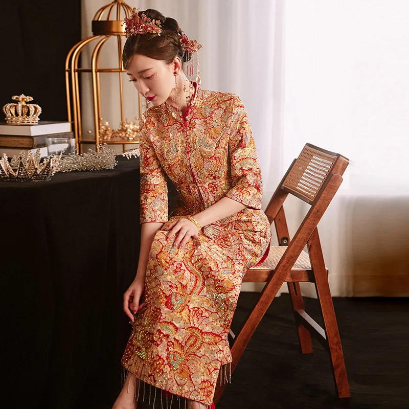 

Bride Elegant Mandarin Collar Cheongsam Chinese Style Phoenix Embroidery Wedding Dress Marriage Set Toast Clothing